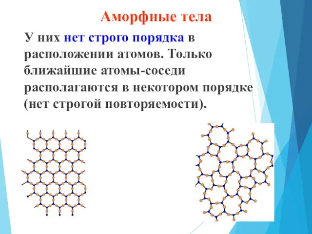 Аморфные тела У них нет строго порядка в расположении атомов. Только