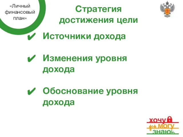 Стратегия достижения цели Источники дохода Изменения уровня дохода Обоснование уровня дохода «Личный финансовый план»