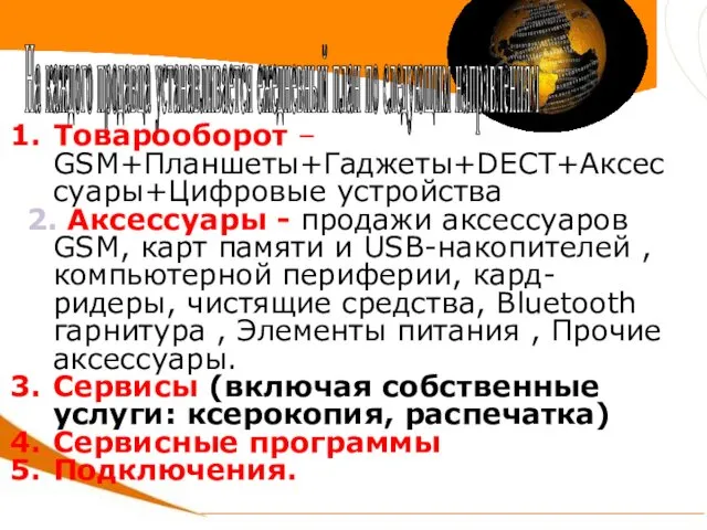 На каждого продавца устанавливается ежедневный план по следующим направлениям Товарооборот –