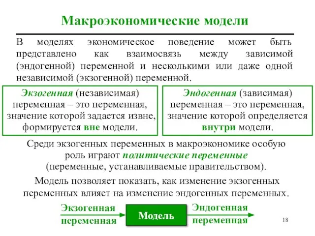 Макроэкономические модели В моделях экономическое поведение может быть представлено как взаимосвязь