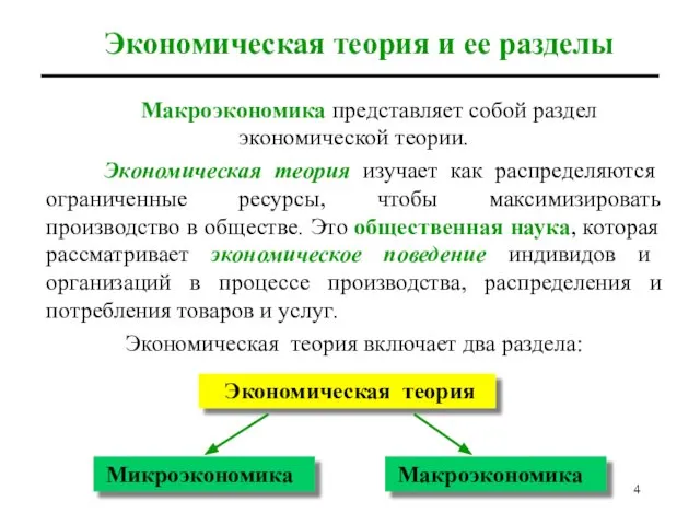 Макроэкономика представляет собой раздел экономической теории. Экономическая теория изучает как распределяются