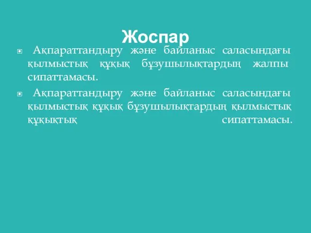 Жоспар Ақпараттандыру және байланыс саласындағы қылмыстық құқық бұзушылықтардың жалпы сипаттамасы. Ақпараттандыру