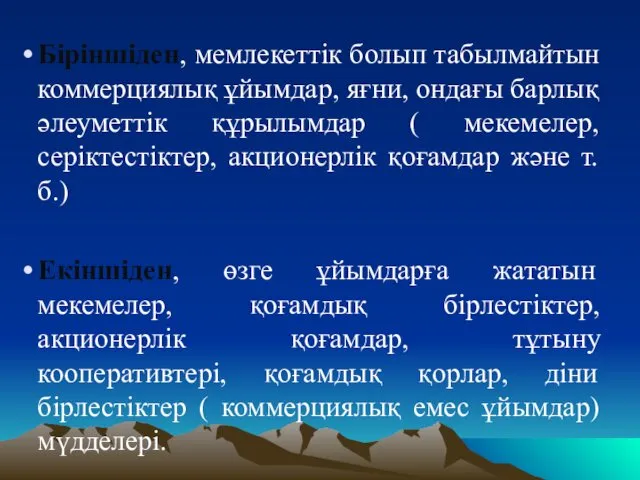 Біріншіден, мемлекеттік болып табылмайтын коммерциялық ұйымдар, яғни, ондағы барлық әлеуметтік құрылымдар