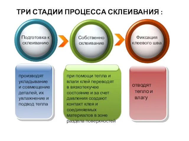 ТРИ СТАДИИ ПРОЦЕССА СКЛЕИВАНИЯ : Подготовка к склеиванию Собственно склеивание Фиксация