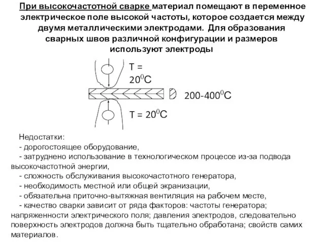 При высокочастотной сварке материал помещают в переменное электрическое поле высокой частоты,