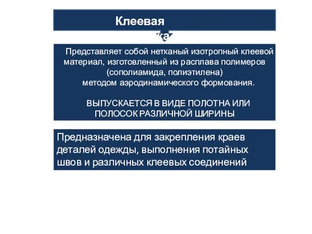 Клеевая паутинка Представляет собой нетканый изотропный клеевой материал, изготовленный из расплава