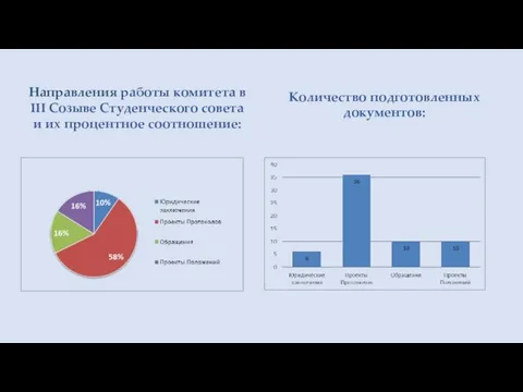 Направления работы комитета в III Созыве Студенческого совета и их процентное соотношение: Количество подготовленных документов: