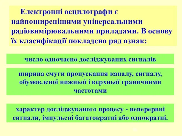 Електронні осцилографи є найпоширенішими універсальними радіовимірювальними приладами. В основу їх класифікації