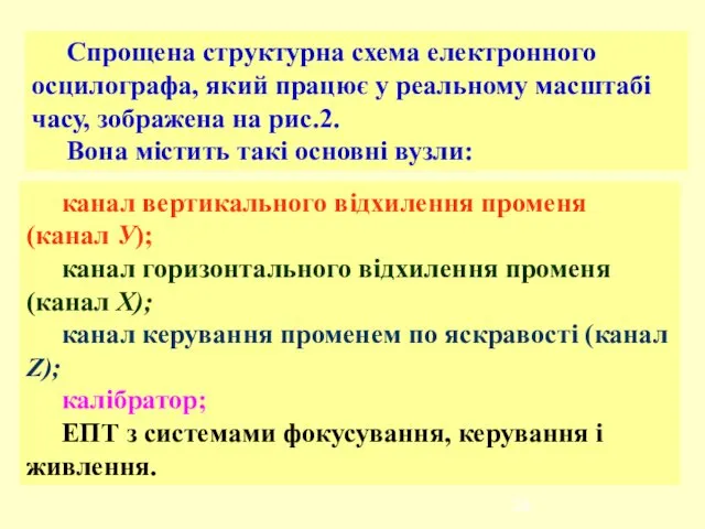 Спрощена структурна схема електронного осцилографа, який працює у реальному масштабі часу,