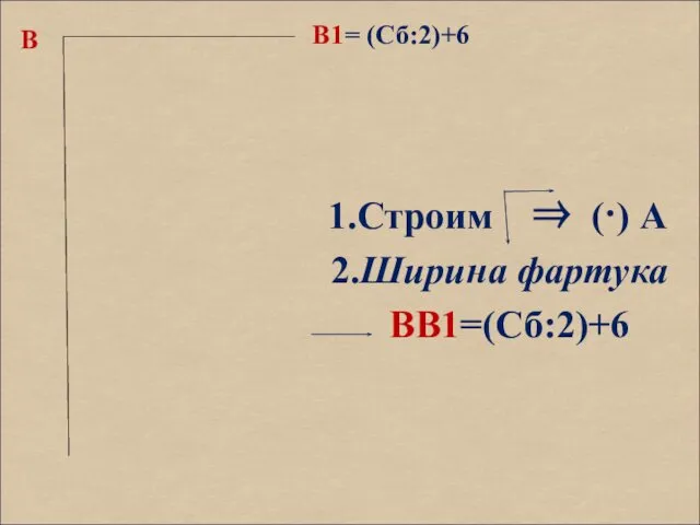 В 1.Строим ⇒ (·) А 2.Ширина фартука ВВ1=(Сб:2)+6 В1= (Сб:2)+6