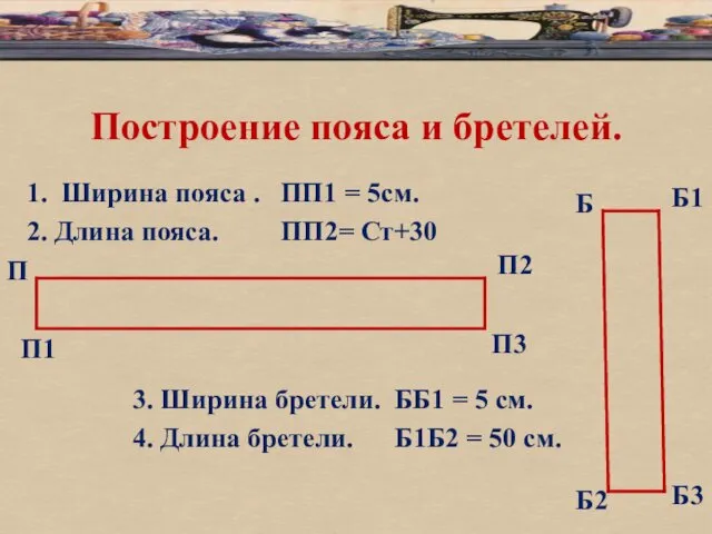 Построение пояса и бретелей. 1. Ширина пояса . ПП1 = 5см.