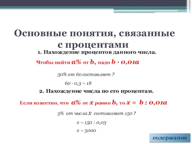 1. Нахождение процентов данного числа. Чтобы найти a% от b, надо