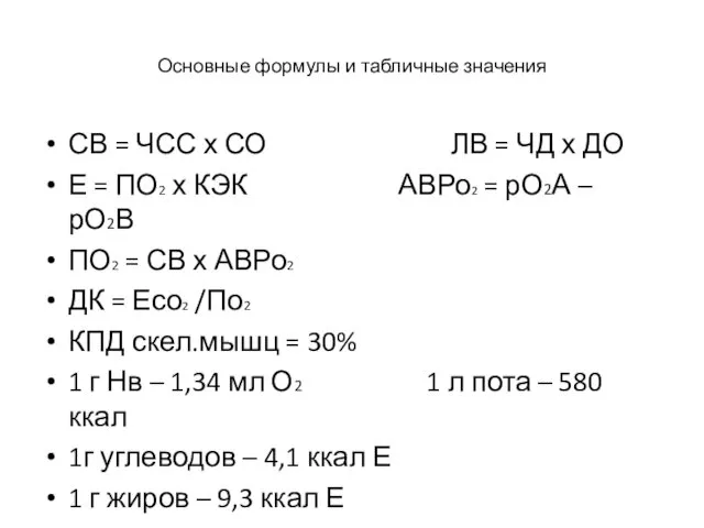 Основные формулы и табличные значения СВ = ЧСС х СО ЛВ
