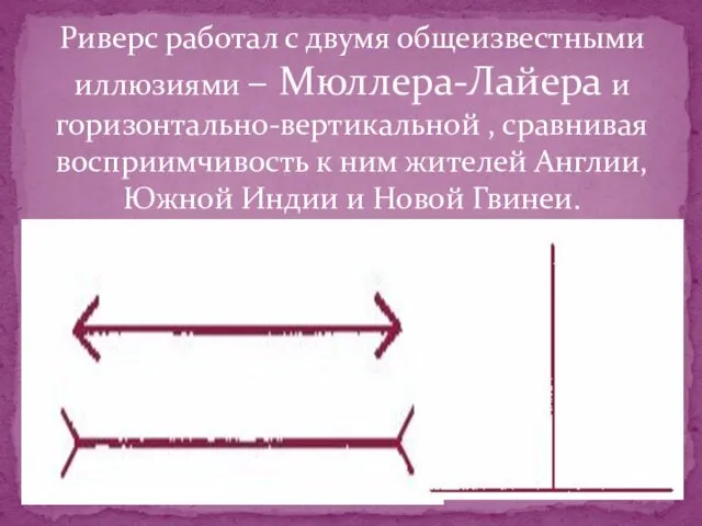 Риверс работал с двумя общеизвестными иллюзиями – Мюллера-Лайера и горизонтально-вертикальной ,