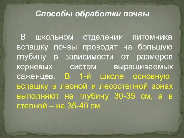 В школьном отделении питомника вспашку почвы проводят на большую глубину в