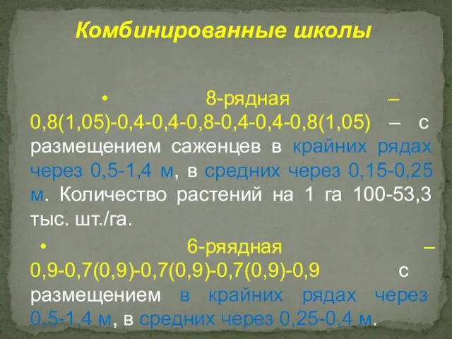 • 8-рядная – 0,8(1,05)-0,4-0,4-0,8-0,4-0,4-0,8(1,05) – с размещением саженцев в крайних рядах