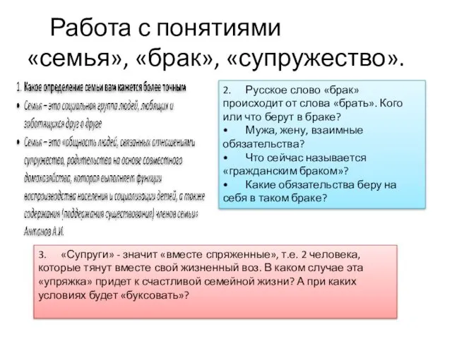 Работа с понятиями «семья», «брак», «супружество». 2. Русское слово «брак» происходит