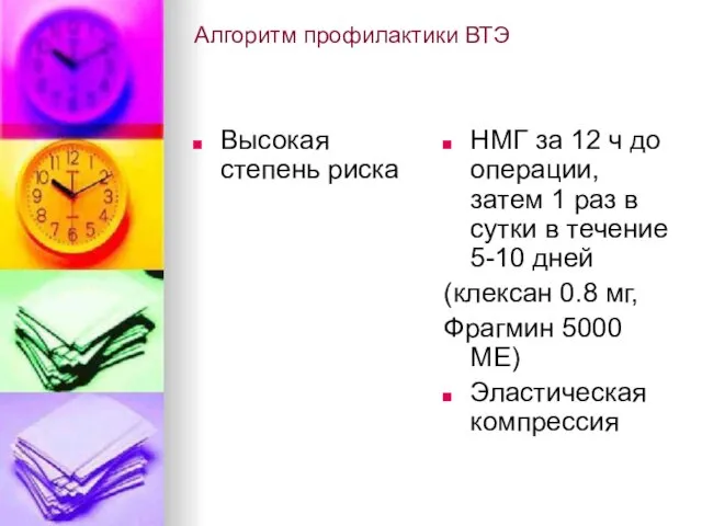 Алгоритм профилактики ВТЭ Высокая степень риска НМГ за 12 ч до