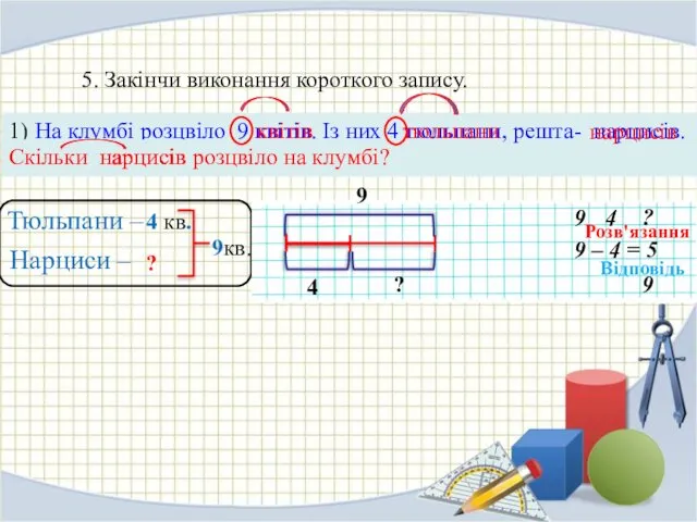 5. Закінчи виконання короткого запису. 1) На клумбі розцвіло 9 квітів.