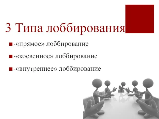 3 Типа лоббирования -«прямое» лоббирование -«косвенное» лоббирование -«внутреннее» лоббирование