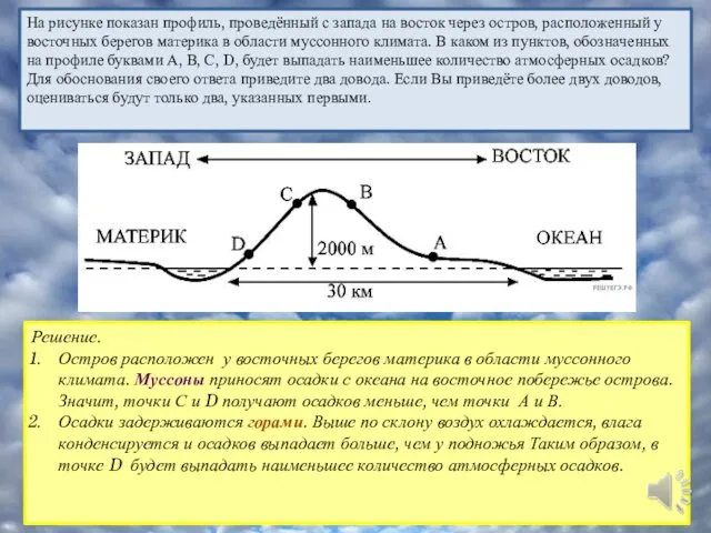 Решение. Остров расположен у во­сточ­ных берегов ма­те­ри­ка в об­ла­сти муссонного климата.