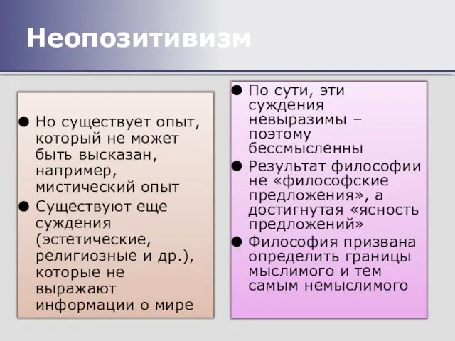 Неопозитивизм Но существует опыт, который не может быть высказан, например, мистический