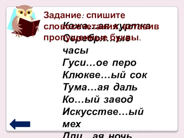 Кожа…ая куртка Серебря…ые часы Гуси…ое перо Клюкве…ый сок Тума…ая даль Ко…ый