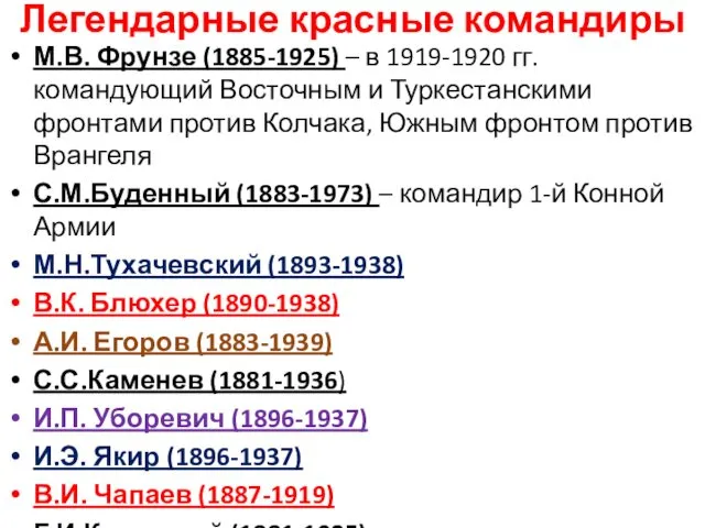 Легендарные красные командиры М.В. Фрунзе (1885-1925) – в 1919-1920 гг. командующий