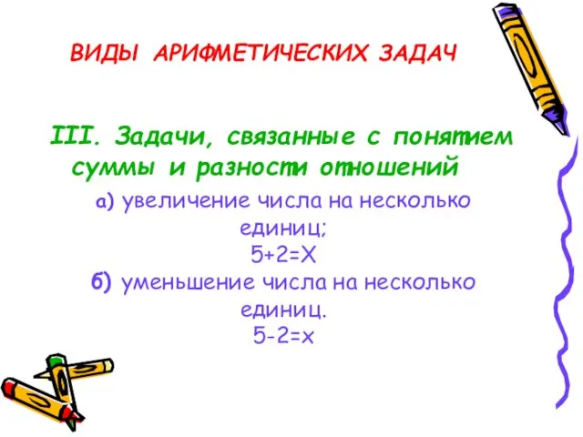 ВИДЫ АРИФМЕТИЧЕСКИХ ЗАДАЧ III. Задачи, связанные с понятием суммы и разности