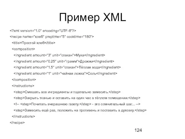 Пример XML Простой хлеб Мука Дрожжи Тёплая вода Соль Смешать все