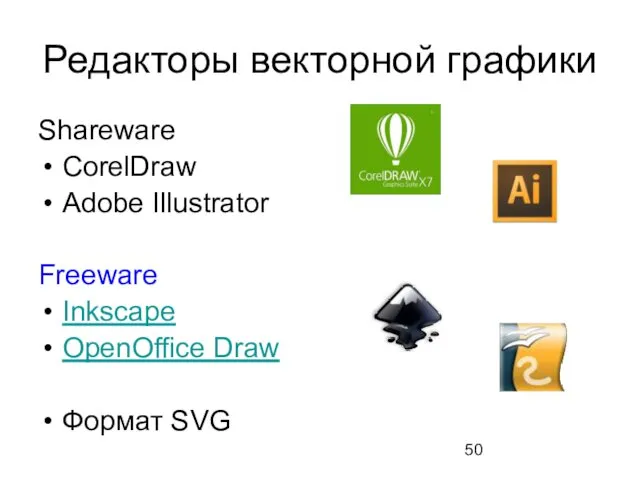 Редакторы векторной графики Shareware CorelDraw Adobe Illustrator Freeware Inkscape OpenOffice Draw Формат SVG