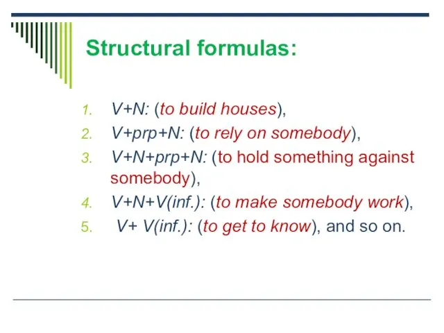 Structural formulas: V+N: (to build houses), V+prp+N: (to rely on somebody),