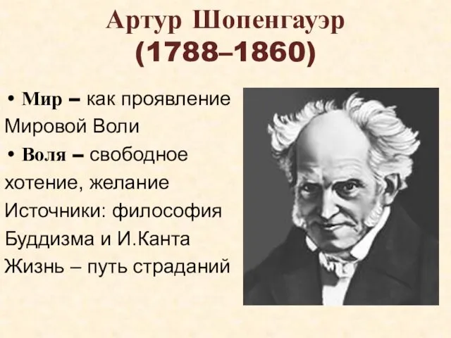 Артур Шопенгауэр (1788–1860) Мир – как проявление Мировой Воли Воля –