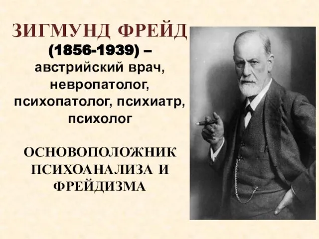 ЗИГМУНД ФРЕЙД (1856-1939) – австрийский врач, невропатолог, психопатолог, психиатр, психолог ОСНОВОПОЛОЖНИК ПСИХОАНАЛИЗА И ФРЕЙДИЗМА