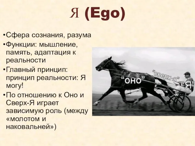 Я (Ego) Сфера сознания, разума Функции: мышление, память, адаптация к реальности