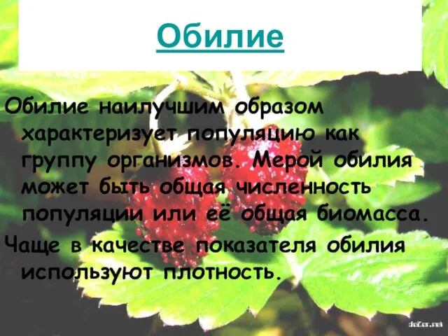 Обилие Обилие наилучшим образом характеризует популяцию как группу организмов. Мерой обилия