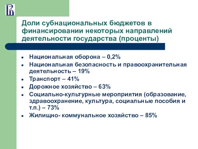 Доли субнациональных бюджетов в финансировании некоторых направлений деятельности государства (проценты) Национальная