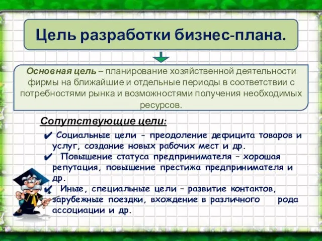 Цель разработки бизнес-плана. Основная цель – планирование хозяйственной деятельности фирмы на