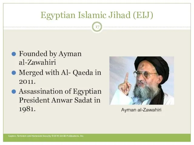 Egyptian Islamic Jihad (EIJ) Founded by Ayman al-Zawahiri Merged with Al-