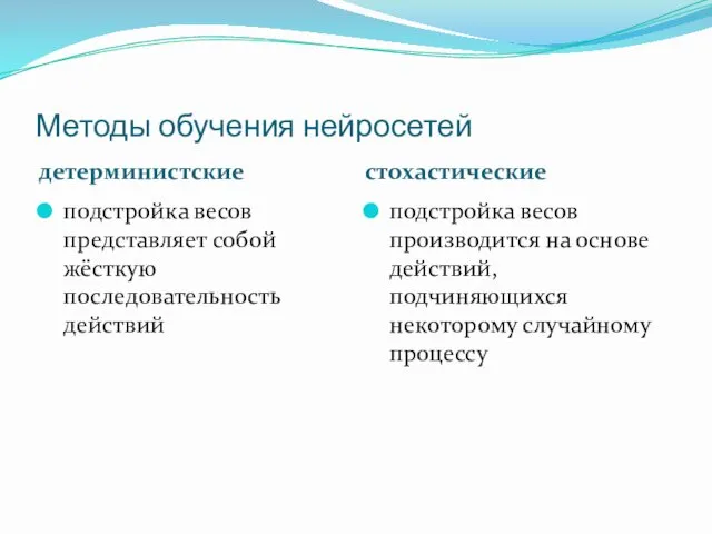 Методы обучения нейросетей детерминистские стохастические подстройка весов представляет собой жёсткую последовательность