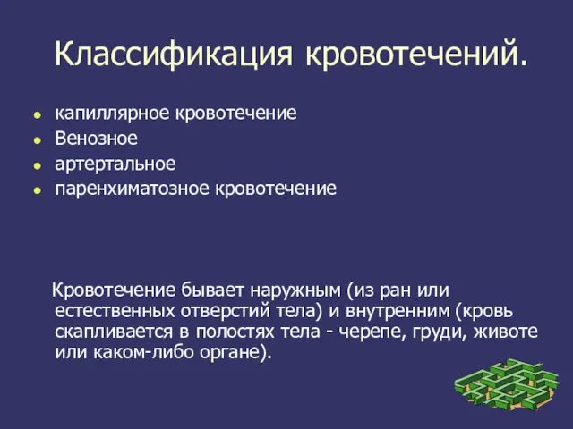 Классификация кровотечений. капиллярное кровотечение Венозное артертальное паренхиматозное кровотечение Кровотечение бывает наружным