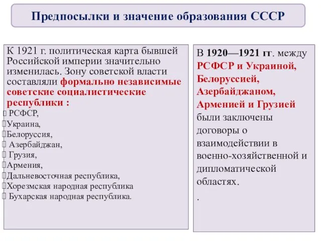 К 1921 г. политическая карта бывшей Российской империи значительно изменилась. Зону
