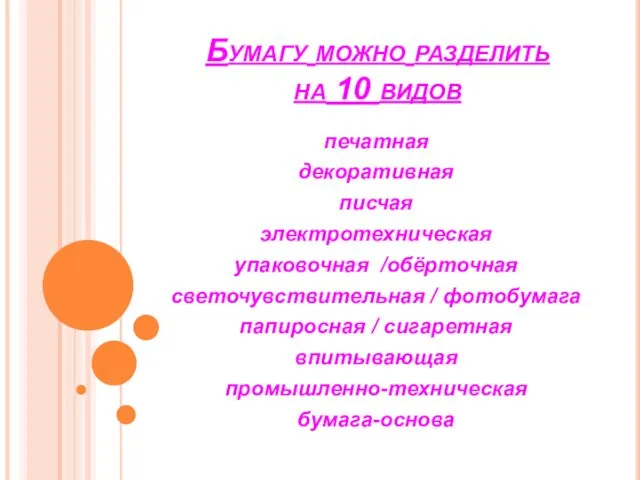 Бумагу можно разделить на 10 видов печатная декоративная писчая электротехническая упаковочная