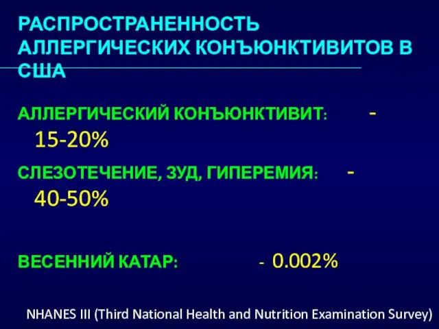 АЛЛЕРГИЧЕСКИЙ КОНЪЮНКТИВИТ: - 15-20% СЛЕЗОТЕЧЕНИЕ, ЗУД, ГИПЕРЕМИЯ: - 40-50% ВЕСЕННИЙ КАТАР: