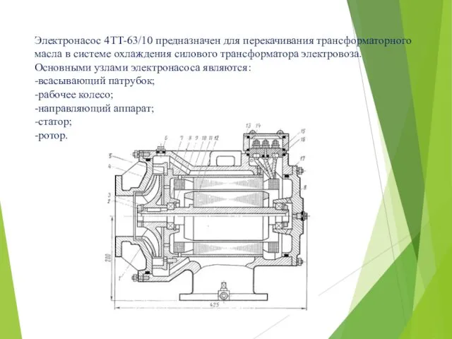 Электронасос 4ТТ-63/10 предназначен для перекачивания трансформаторного масла в системе охлаждения сило­вого