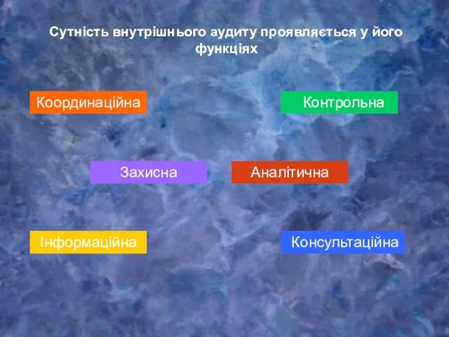 Сутність внутрішнього аудиту проявляється у його функціях Координаційна Консультаційна Контрольна Захисна Аналітична Інформаційна