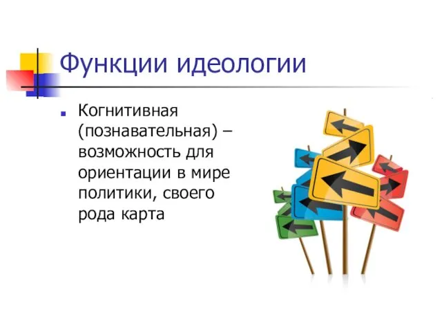 Функции идеологии Когнитивная (познавательная) – возможность для ориентации в мире политики, своего рода карта