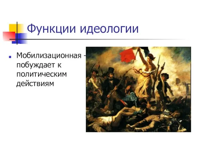 Функции идеологии Мобилизационная – побуждает к политическим действиям