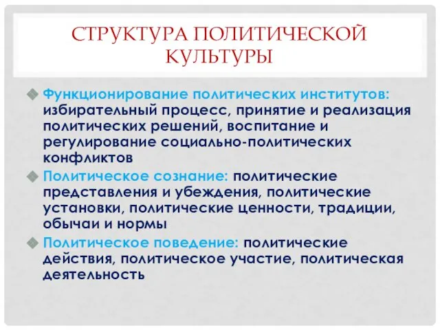 СТРУКТУРА ПОЛИТИЧЕСКОЙ КУЛЬТУРЫ Функционирование политических институтов: избирательный процесс, принятие и реализация