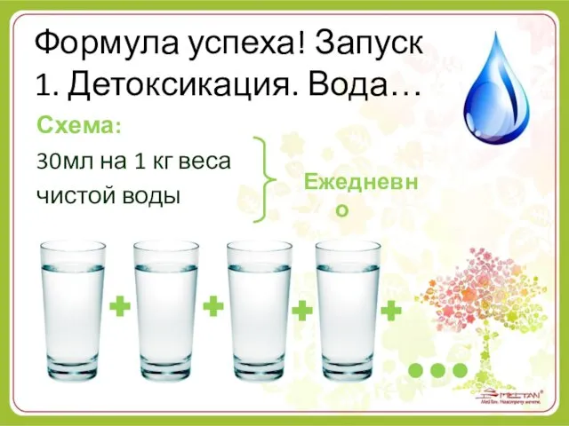 Формула успеха! Запуск 1. Детоксикация. Вода… Схема: 30мл на 1 кг веса чистой воды Ежедневно